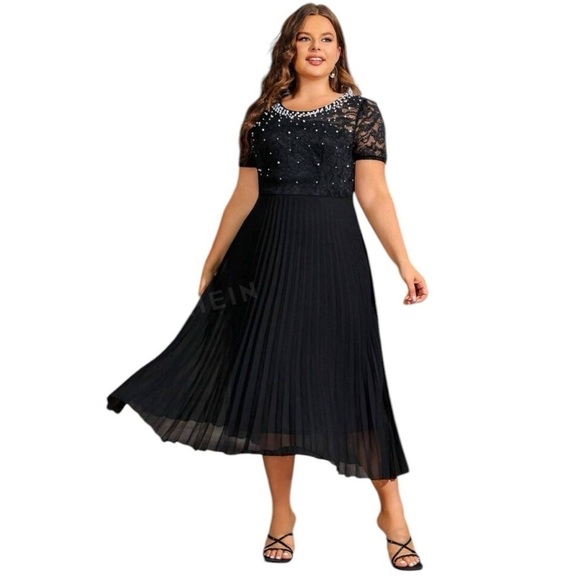BLACK LACE PATCHWORK & FAUX PEARL DECOR PLEATED DRESS - Picture 1 of 8